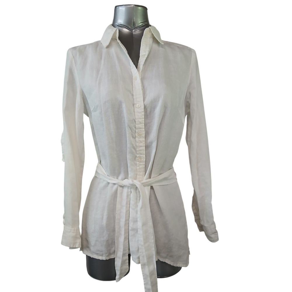 Tweeds White 100% Linen Button Down‎ Belted Long Sleeve Shirt Blouse Womens Sz M